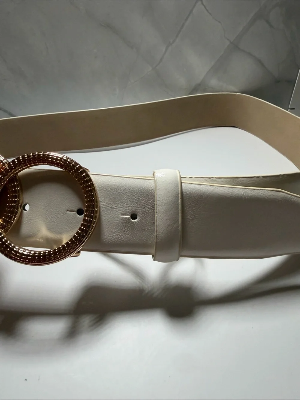 White faux leather interlocking double gold circle metal buckle womens belt